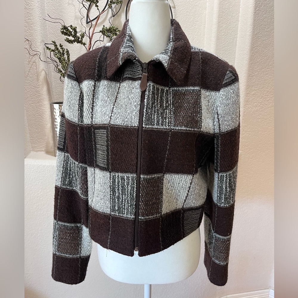 Vintage Women's Tweed Brown Plaid Brown Short Jacket Blazer Emil Rutenburg EUC